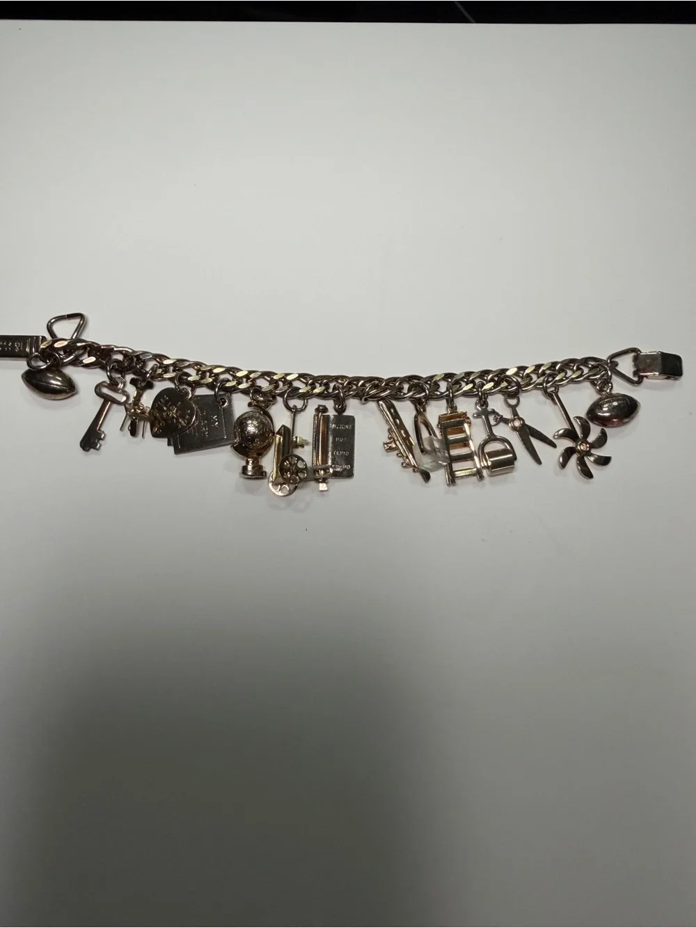 Vintage 1950s Gold Tone Charm Bracelet Keys Diary Globe Mid Century Estate